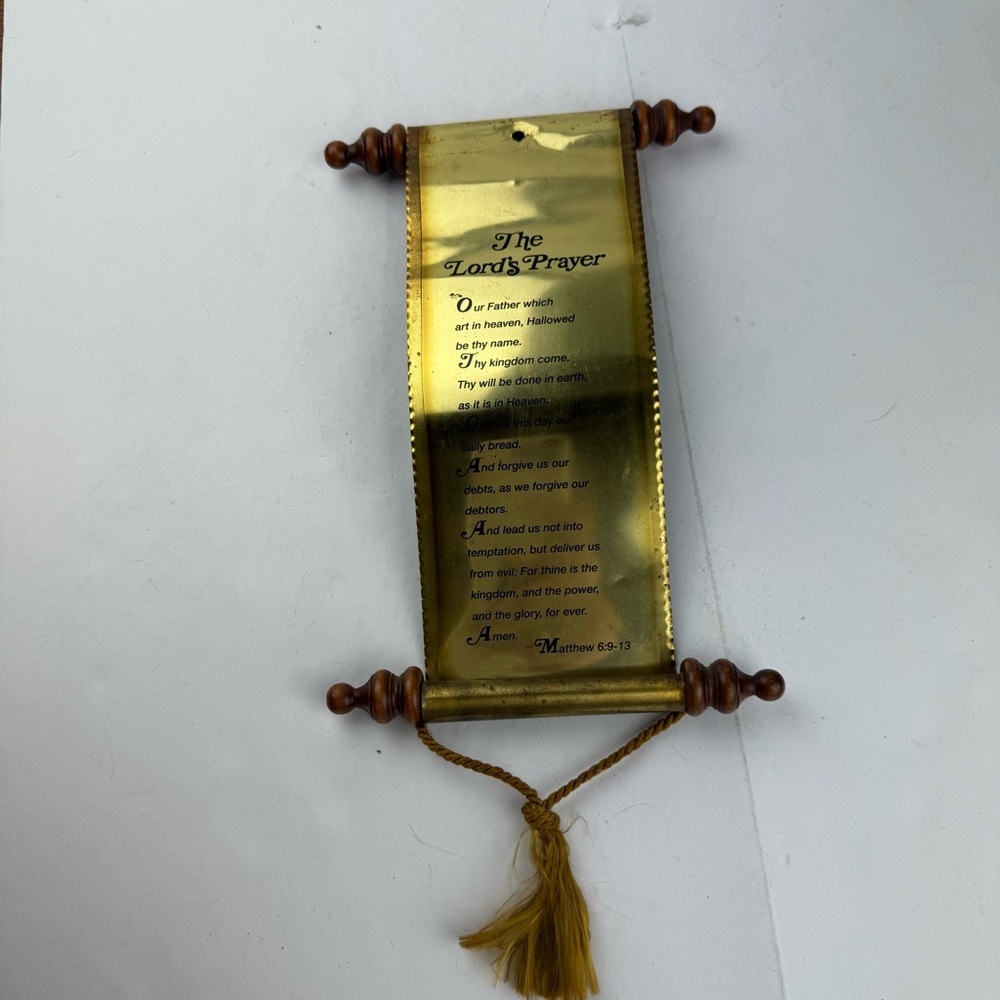 Vintage The Lord’s Prayer Hanging Brass/Wood Scroll Wall Decor